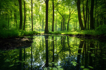 Obraz premium Tranquil forest pond reflecting the lush green trees.