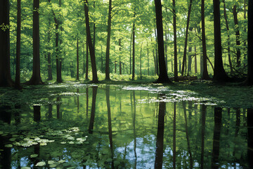 Obraz premium Tranquil forest pond with reflections of trees and foliage.