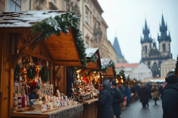 Strolling through the festive holiday market, adorned with lights and decorations