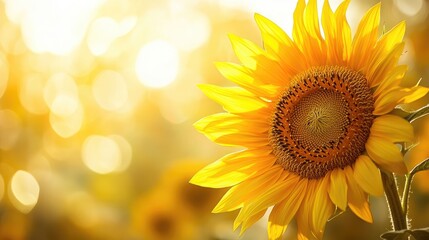 Obraz premium Stunning sunflower bloom in macro photography, with vibrant petals and intricate textures, set on a soft white-light golden background