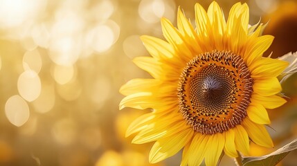 Stunning sunflower captured in macro photography, highlighting its delicate petals and seeds, set on a soft white-light golden background