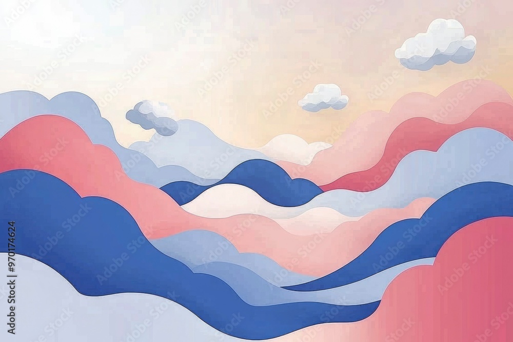 Wall mural abstract papercut style landscape with clouds