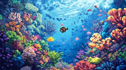 Obraz premium Vibrant Pixelated Underwater Coral Reef Scene with Fish
