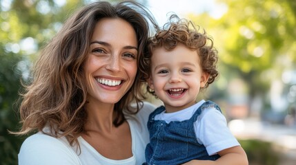 A cheerful mother with her smiling curly-haired child, capturing a joyful moment in what appears to be a bright and sunny outdoor setting with greenery in the background.