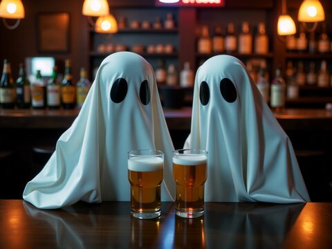 Spooky halloween scene at the bar of two ghost drinking beer