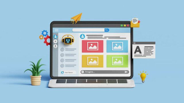 Generative AI. Artificial intelligence content generator. AI evolution. Prompt engineering. 3D AI chatbot generate images on a laptop. 4K 3D animation. Trim first 3 sec for loop