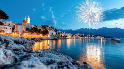 Naklejka premium A scenic coastal town with historic architecture is beautifully illuminated by fireworks lighting up the night sky, reflecting over the tranquil sea, creating a festive ambiance.