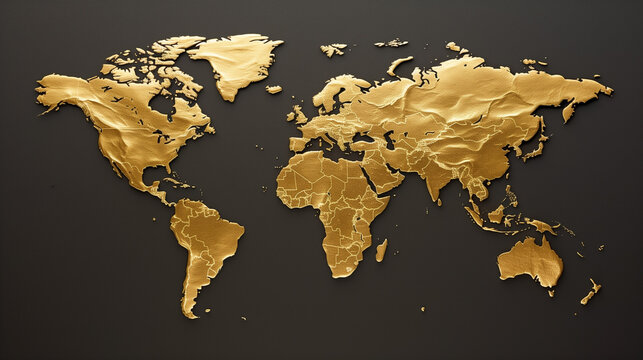 Gold world map on the dark background. World gold market and production concept
