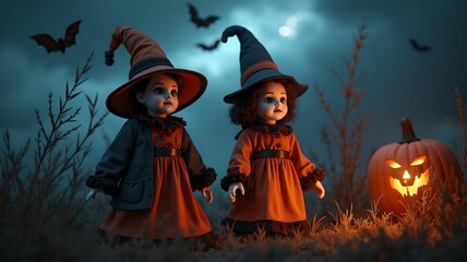 Fototapeta premium Halloween style dolls on background with bats, dark clouds, lightning