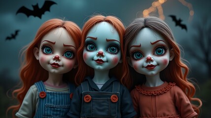 Fototapeta premium Halloween style dolls on background with bats, dark clouds, lightning
