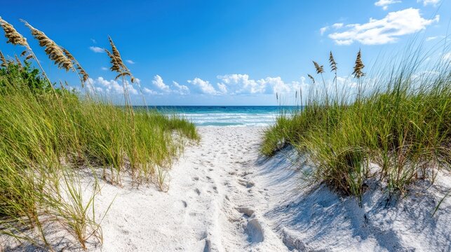 A serene sandy path cuts through tall beach grass, leading to a tranquil ocean under a blue sky with fluffy white clouds, perfect for a peaceful getaway.