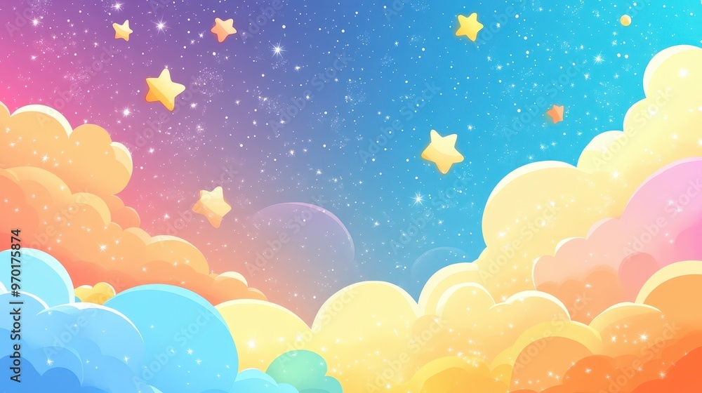 Poster whimsical sky of colorful clouds and sparkling stars - playful and magical background for cheerful c