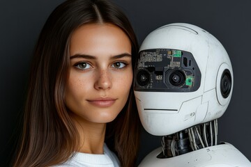 Bio circuitry AI optimization bio cybernetics cognitive enhancement and neural circuits woman smiling with humanoid robot displaying a mechanical brain implant