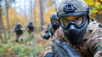 Determined participants in paintball gear advance through a forest setting during a tactical game, showcasing intense focus and teamwork amidst the natural environment.
