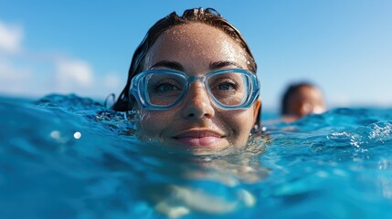 Fototapeta premium A smiling individual with swimming goggles is partially submerged in clear blue water, epitomizing the joy and relaxation typically associated with water activities on a sunny day.