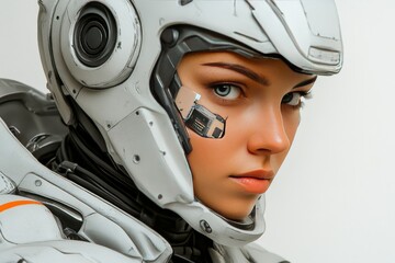 Cognitive enhancement cognitive interface cyber augmentation AI augmentation and neural augmentation female soldier in futuristic robotic armor with cybernetic facial implant