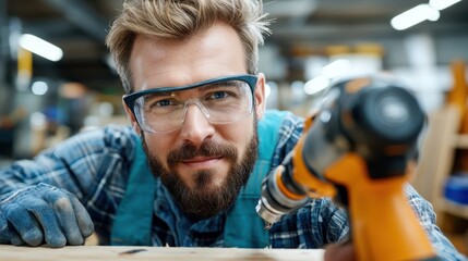 A man with a beard and safety glasses in a workshop smiling while holding a cordless drill tool, highlighting his involvement in DIY or woodworking activities indoors.