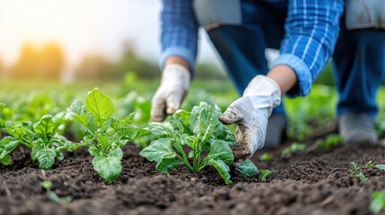 Fototapeta premium A gardener wearing protective gloves meticulously tending to leafy green plants in a garden, symbolizing careful nurturing and the beauty of organic farming.