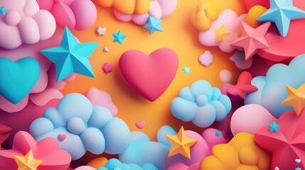 Dynamic Pop Frame Background with 3D Stars, Hearts, and Clouds in Cheerful Colors | Whimsical Geometric Shapes for Energetic Design