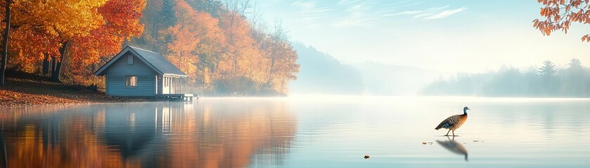 A calm autumn day at the lake with a backdrop of rich red