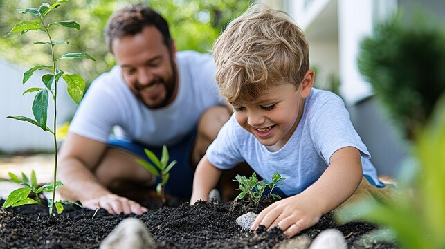 A father and his young son, both smiling, enjoy time together while gardening in their backyard, focusing on planting and nurturing their garden in a joyful moment. - Powered by Adobe