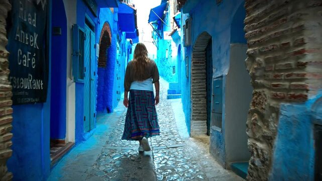 European blonde girl walking in Medina alleys and stairs of Chefchaouen, the famous Blue Pearl of Morocco or Blue City. Chaouen is noted for its buildings in shades of blue, UNESCO heritage.