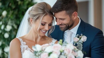A joyful bride and groom embrace, surrounded by flowers, on their wedding day. They are smiling, capturing a moment of love and happiness in a beautifully decorated setting.