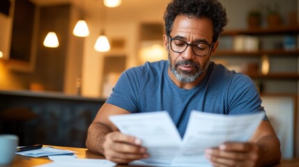 Obraz premium An attentive middle-aged man with curly hair and beard is examining some documents in his well-lit home, depicting a moment of concentration and focus in a modern setting.