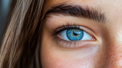A striking close-up image of a blue eye surrounded by detailed lashes and brows, emphasizing the beauty and intricate details of the human eye, providing an artistic visual.