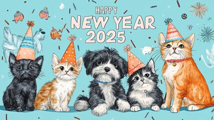Happy New Year 2025 Animal Party Cute dogs and cats wear party hats, with "HAPPY NEW YEAR 2025" written in a playful, fun font, adding a whimsical touch