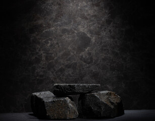 composition of stones with texture on dark background for podium