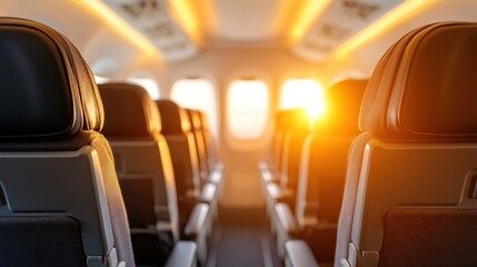 Fototapeta premium Sunlight floods an airplane cabin with a peaceful glow, casting a serene atmosphere on the empty seats, creating a calm and tranquil setting during early morning flight.
