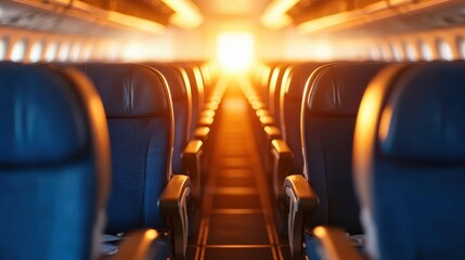 Perspective view down the airplane aisle featuring rows of black seats under a glowing sunset light, symbolizing journey's end. Ideal for journeys and hope themes.