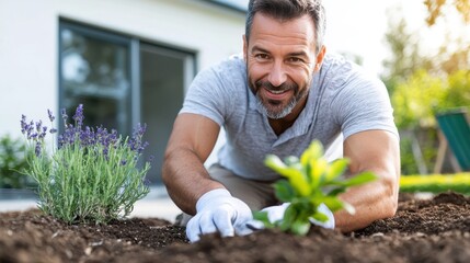 Smiling man in garden wearing gloves and happily planting greenery, representing joy and satisfaction in gardening. Suitable for gardening and positive emotions themes.