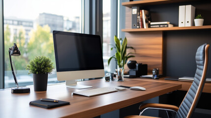 A sleek and modern home office setup featuring a desktop computer, ergonomic chair, wooden desk, and a large window view.