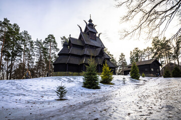 Oslo - February 11 2023: The epic medieval Gol Stave Church in the open air museum of Oslo, Norway © rpbmedia