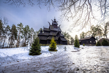 Oslo - February 11 2023: The epic medieval Gol Stave Church in the open air museum of Oslo, Norway © rpbmedia