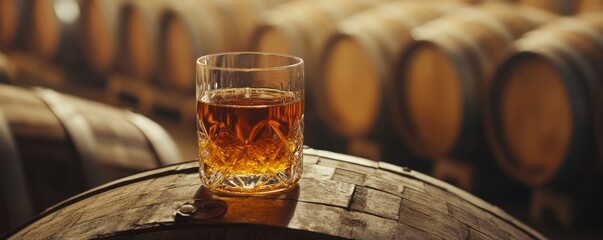 Glass of whiskey on a barrel in a dimly lit cellar. Beverage and craftsmanship concept