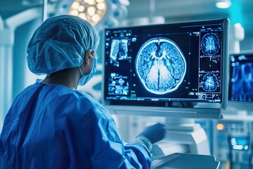 medical expert reviews brain imaging data on computer display in a healthcare setting