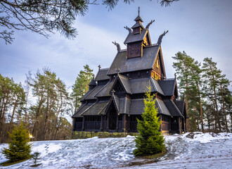 Oslo - February 11 2023: The epic medieval Gol Stave Church in the open air museum of Oslo, Norway © rpbmedia