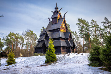 Oslo - February 11 2023: The epic medieval Gol Stave Church in the open air museum of Oslo, Norway