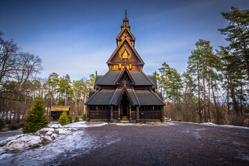 Oslo - February 11 2023: The epic medieval Gol Stave Church in the open air museum of Oslo, Norway © rpbmedia