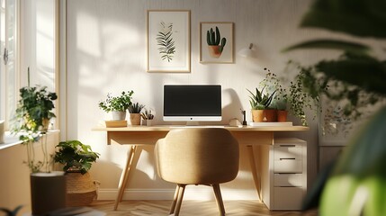 A cozy home office setup with a wooden desk, ergonomic chair, indoor plants, and natural light, creating a calm and productive work environment.
