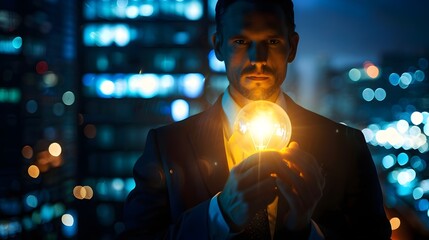 Fototapeta premium human / businesman holds beacon. Light bulb in hand of businessman, innovative business idea, motivation for success, innovation, energy save concept.