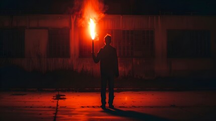 human with torch at night. Man stands with signal torches against dark. Concept for searching for solution,