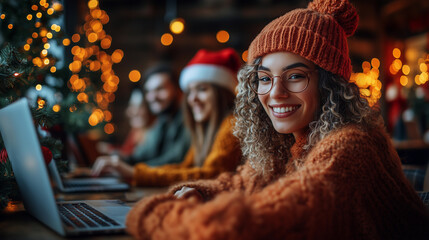 Fototapeta premium woman with glasses and a wool hat working on a laptop with friends and colleagues on christmas eve