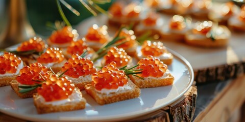 Horizontal photo of canapes with red caviar on a plate displayed on a wooden table