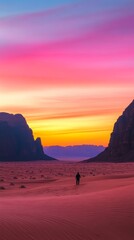 Man walking in desert at sunset with vibrant sky, solitude and adventure concept