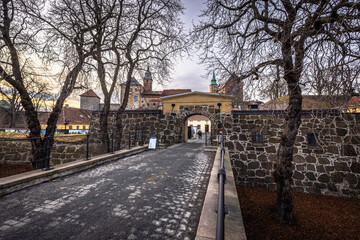 Oslo - February 12 2023: The historical epic fortress of Akershus i Oslo, Norway