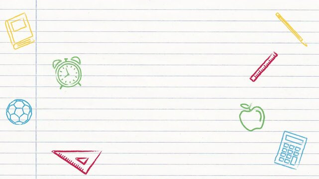 back to school workbook lined paper background with colorful icons